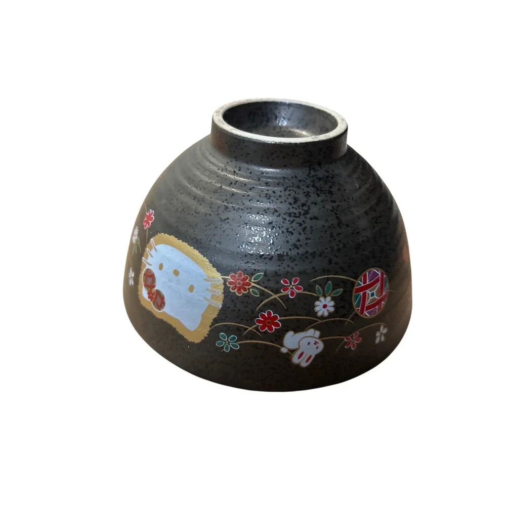 Sanrio Hello Kitty Ceramic Rice Bowl Black Matte Floral Rabbit Japanese Style